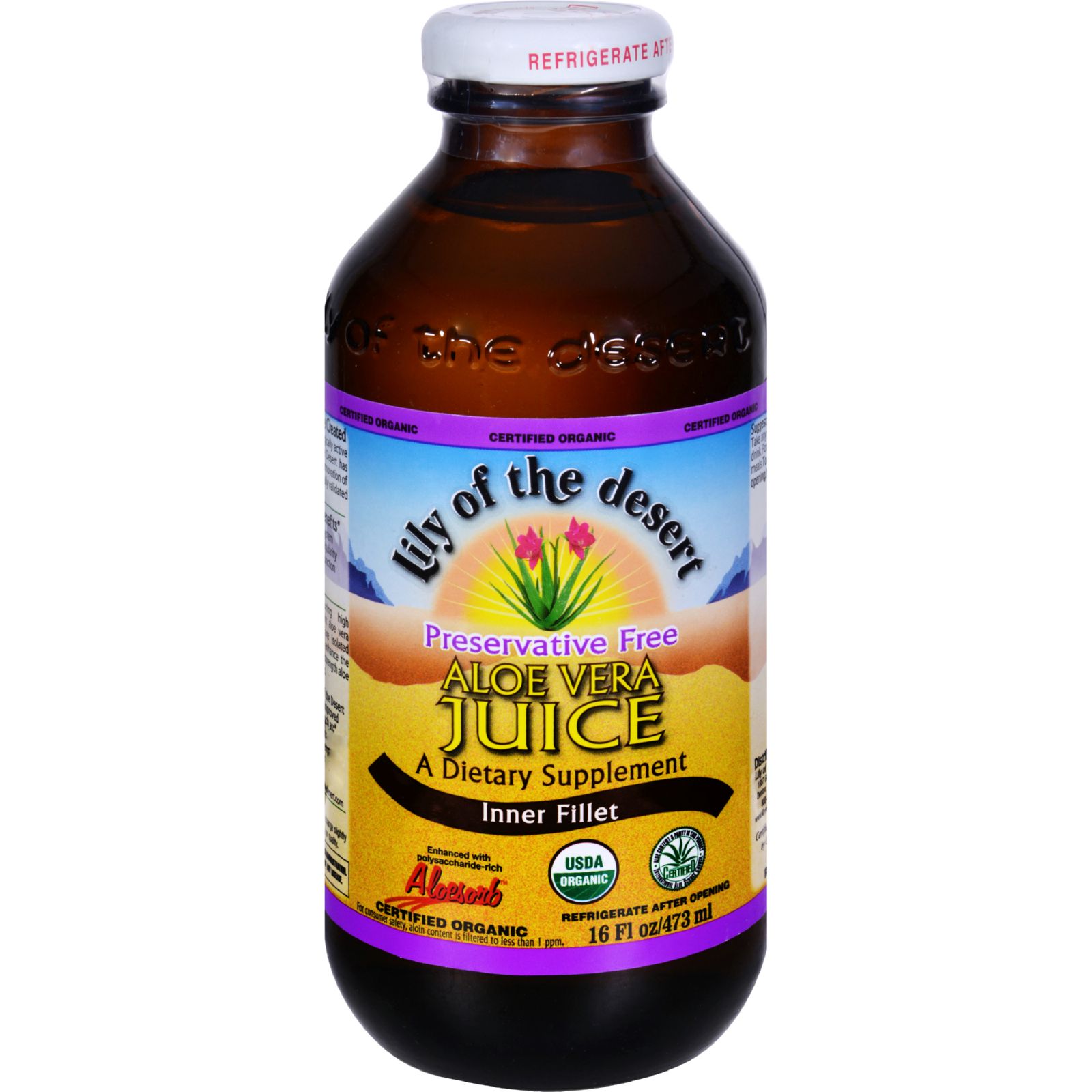 릴리오브데저트, 알로에 베라 쥬스 No 방부제, 16 fl oz (473 ml)