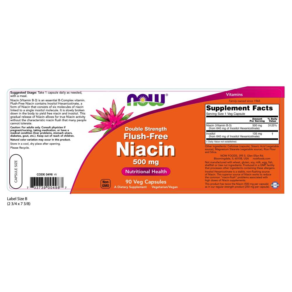  나우 Now, Flush-Free 니아신, 두배 강한, 500 mg, 90 식물성 캡슐