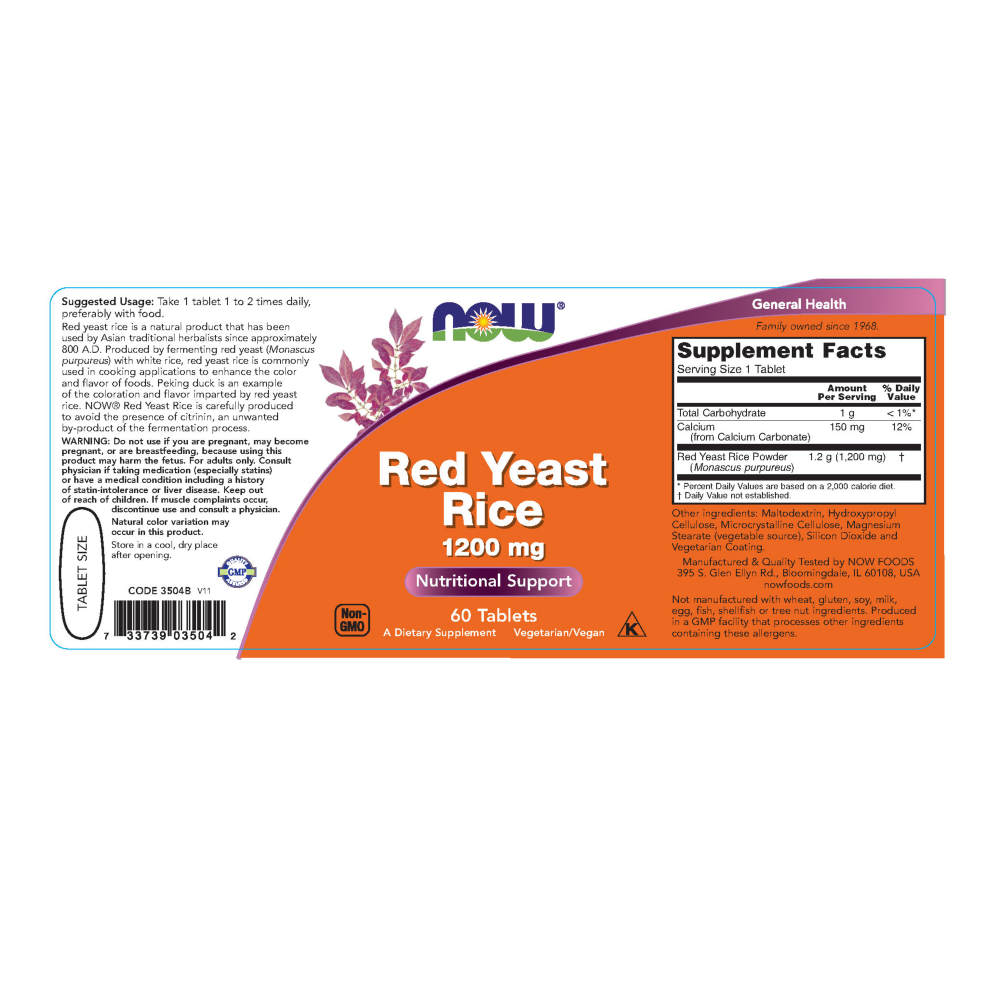  나우 Now, Red Yeast Rice 1200 mg, 60 타블렛