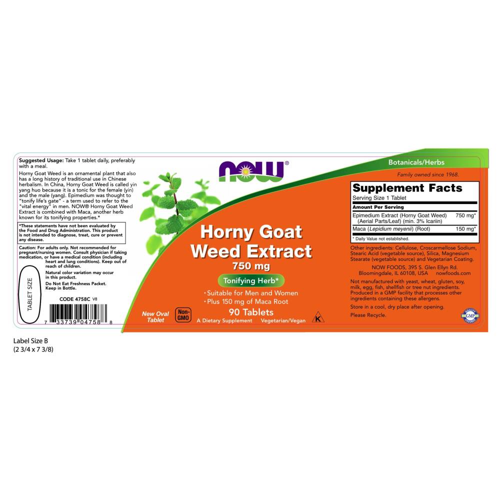 나우 Now, Horny Goat Weed Extract 플러스 Maca, 750 mg, 90 타블렛