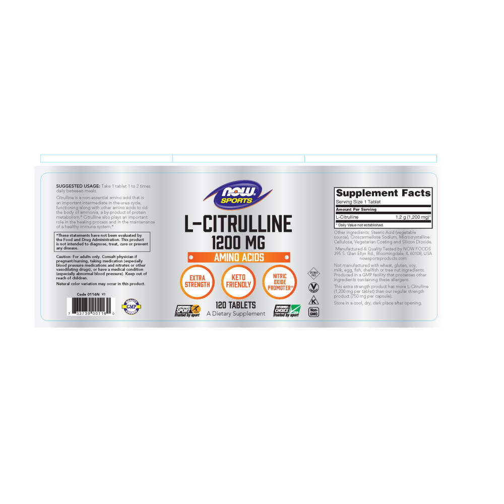 나우 Now, L-Citrulline, Extra Strength 1200 mg, 120 타블렛
