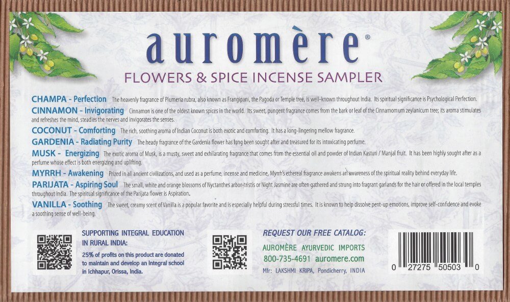 Auromere, 꽃과 향신료 향 샘플 팩, 8 pc