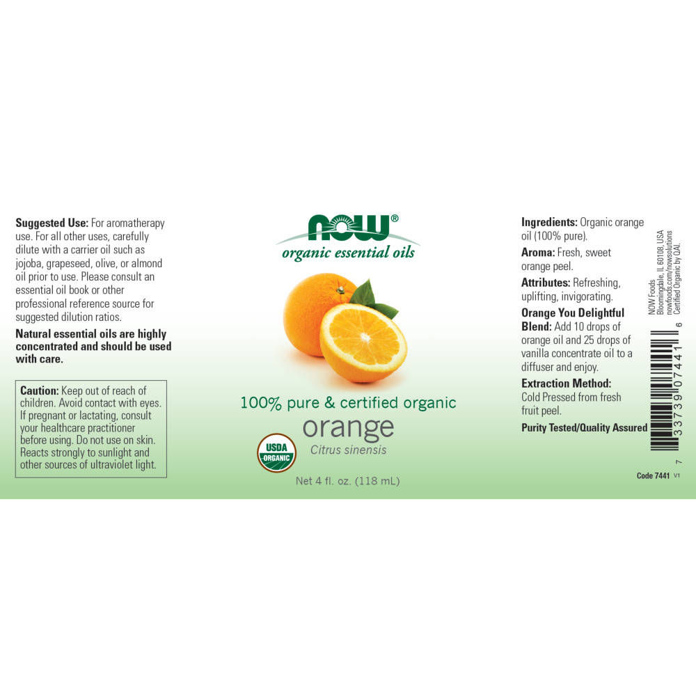 나우 Now, 100% 퓨어, 유기농 오렌지, 에센셜 오일, 4 fl oz (118 ml)
