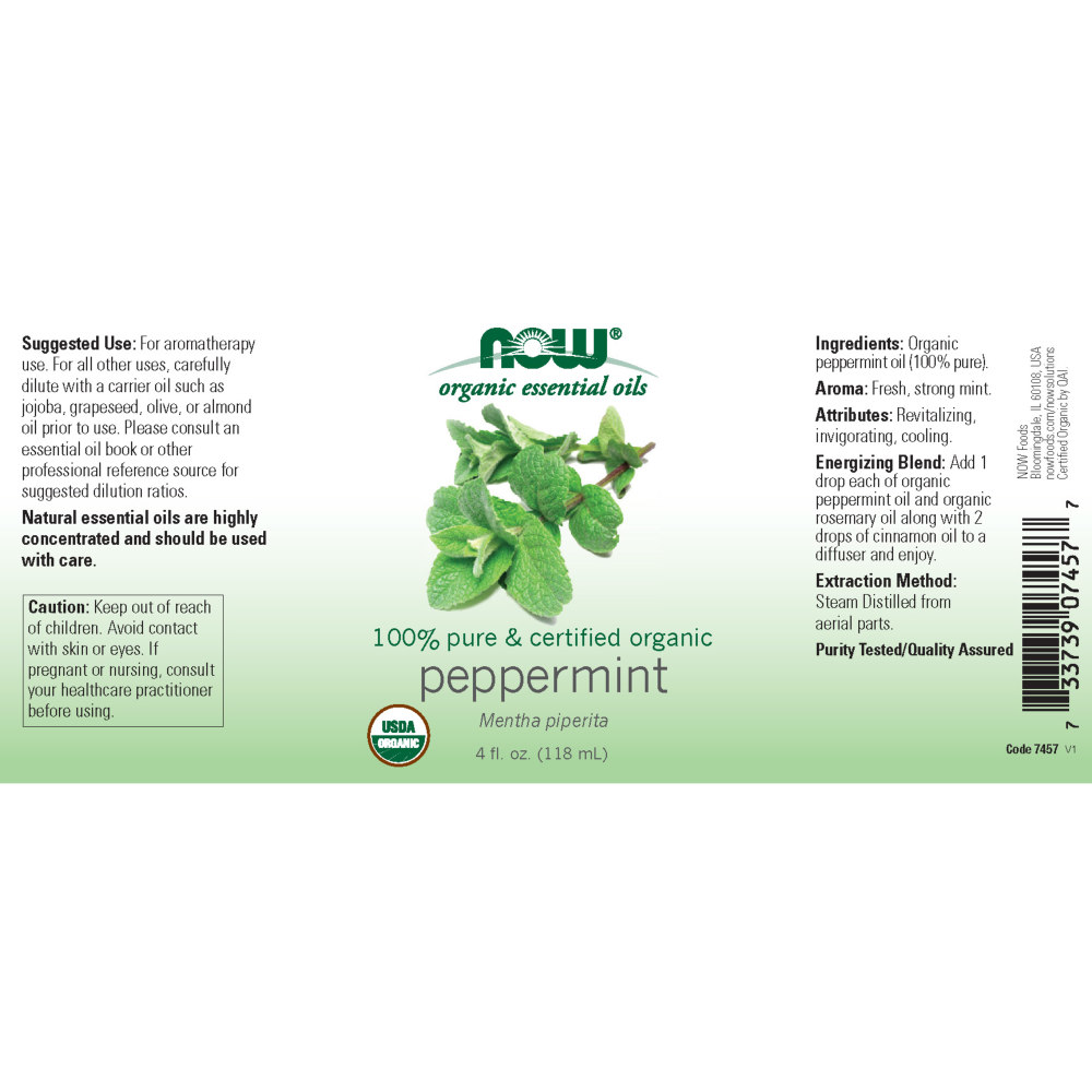 나우 Now, 100% 퓨어, 유기농 페퍼민트, 에센셜 오일, 4 fl oz (118 ml)
