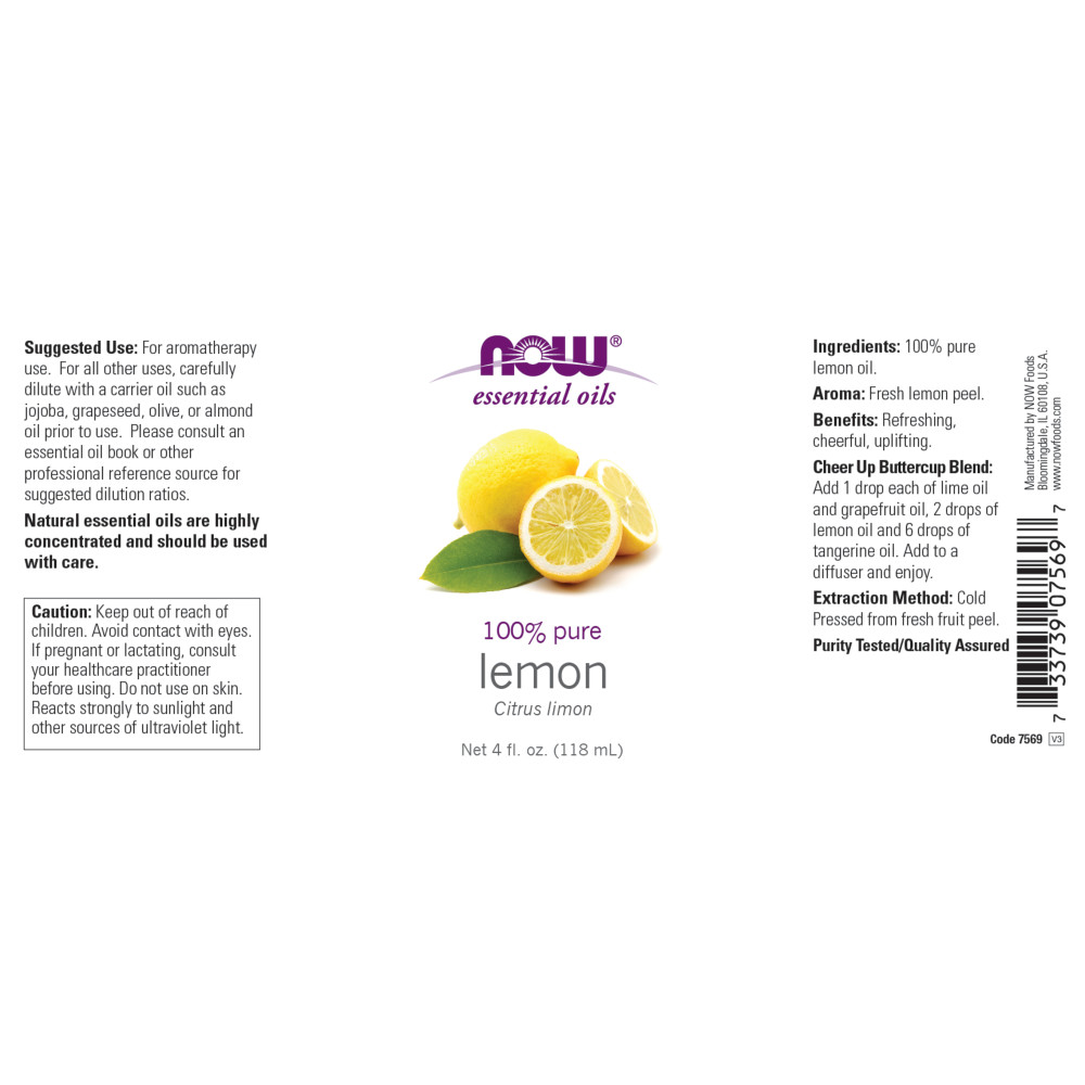 나우 Now, 100% 퓨어, 레몬 에센셜 오일, 4 fl oz (118 ml)