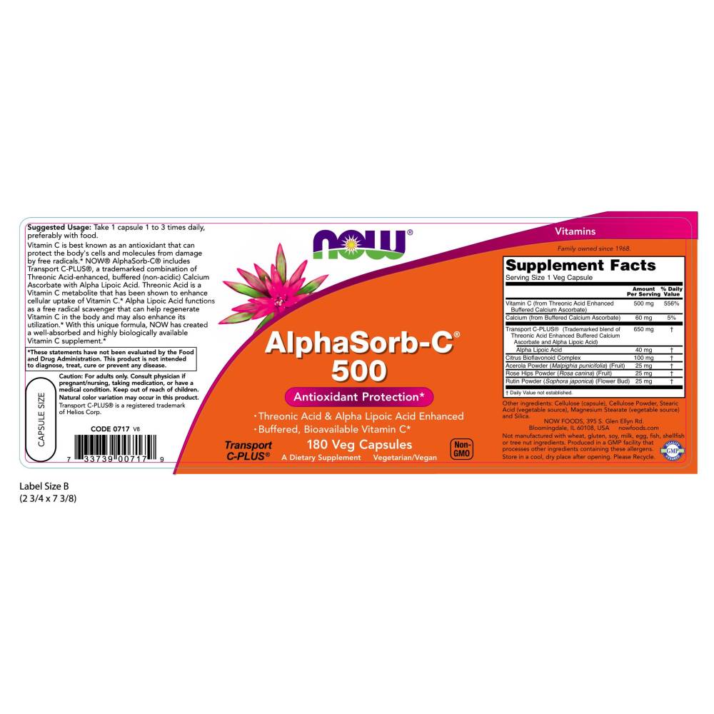  나우 Now, AlphaSorb-C 500, 180 식물성 캡슐