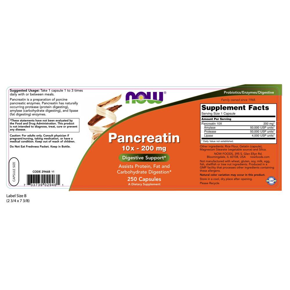  나우 Now, Pancreatin, 10X - 200 mg, 250 캡슐