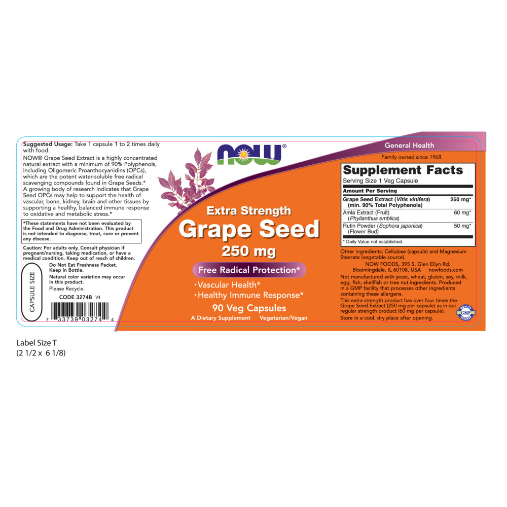  나우 Now, Grape Seed 250 mg, 90 식물성 캡슐