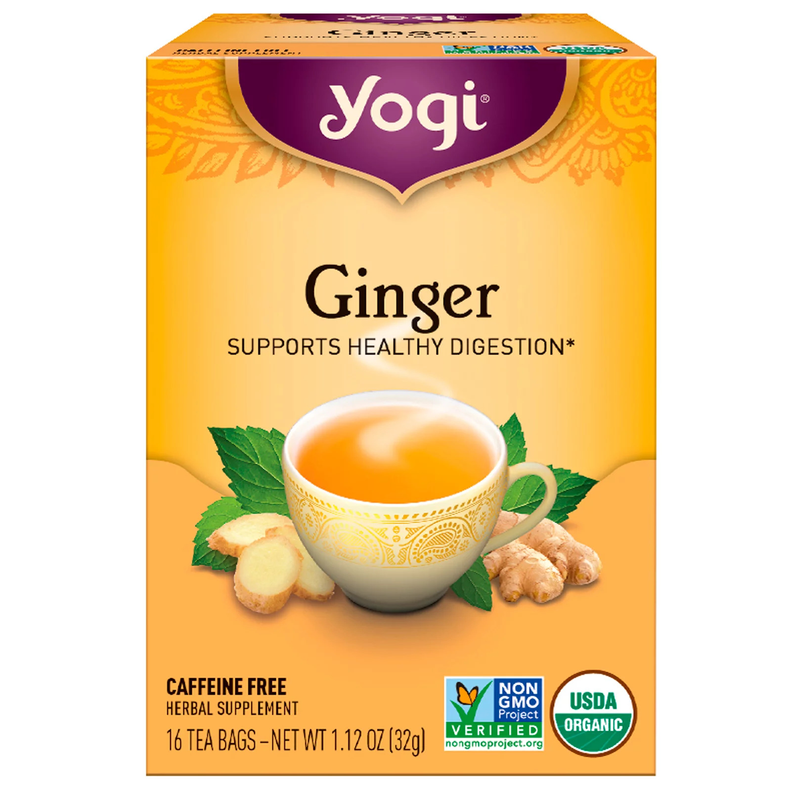 요기 티, 유기농 생강, 무카페인, 16 티백, 1.12 oz(32 g)