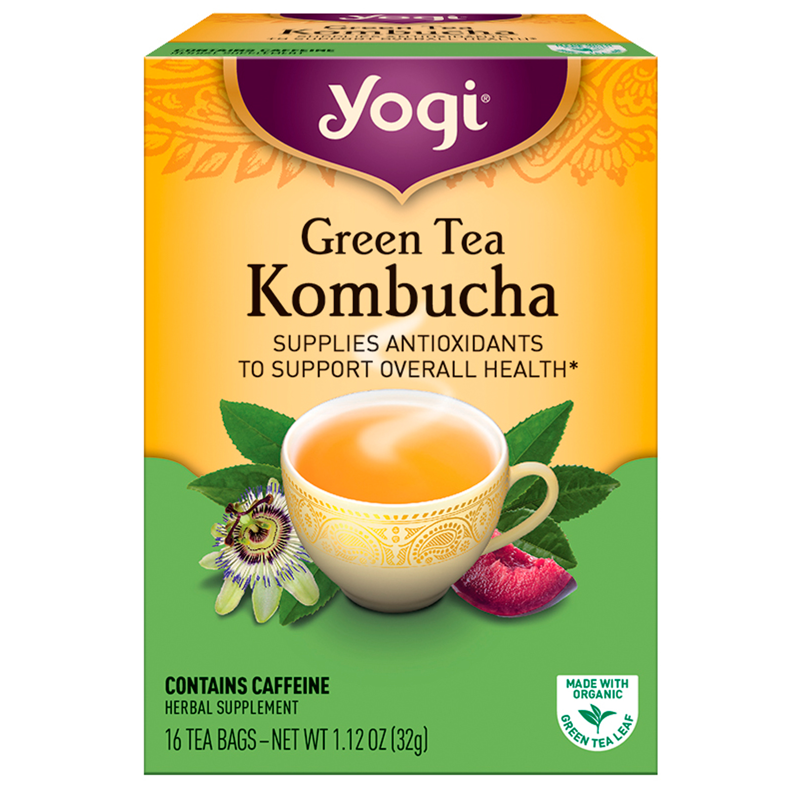 요기 티, Green Tea Kombucha, 16 티백